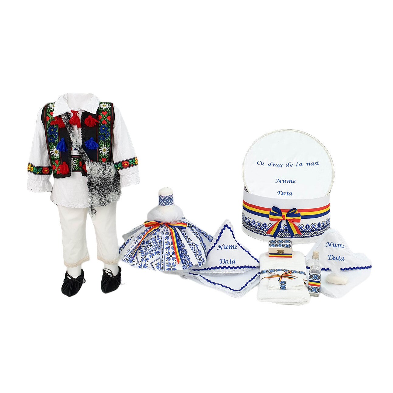 Set botez traditional personalizat Ion, trei piese multicolore, varsta 0-3 luni