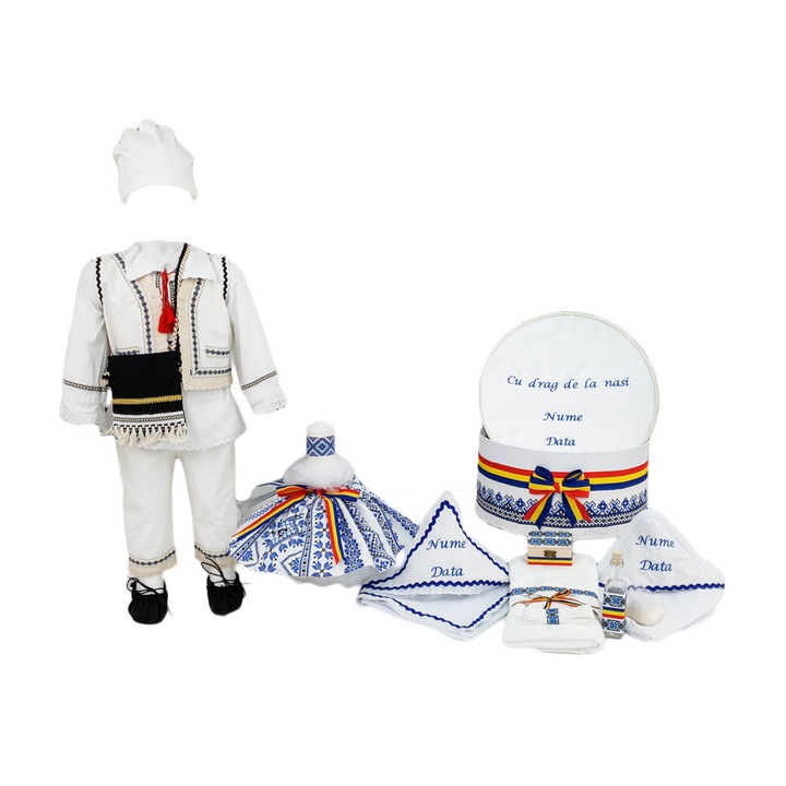 Set botez traditional personalizat Vasile, trei piese bleumarin, varsta 0-3 luni