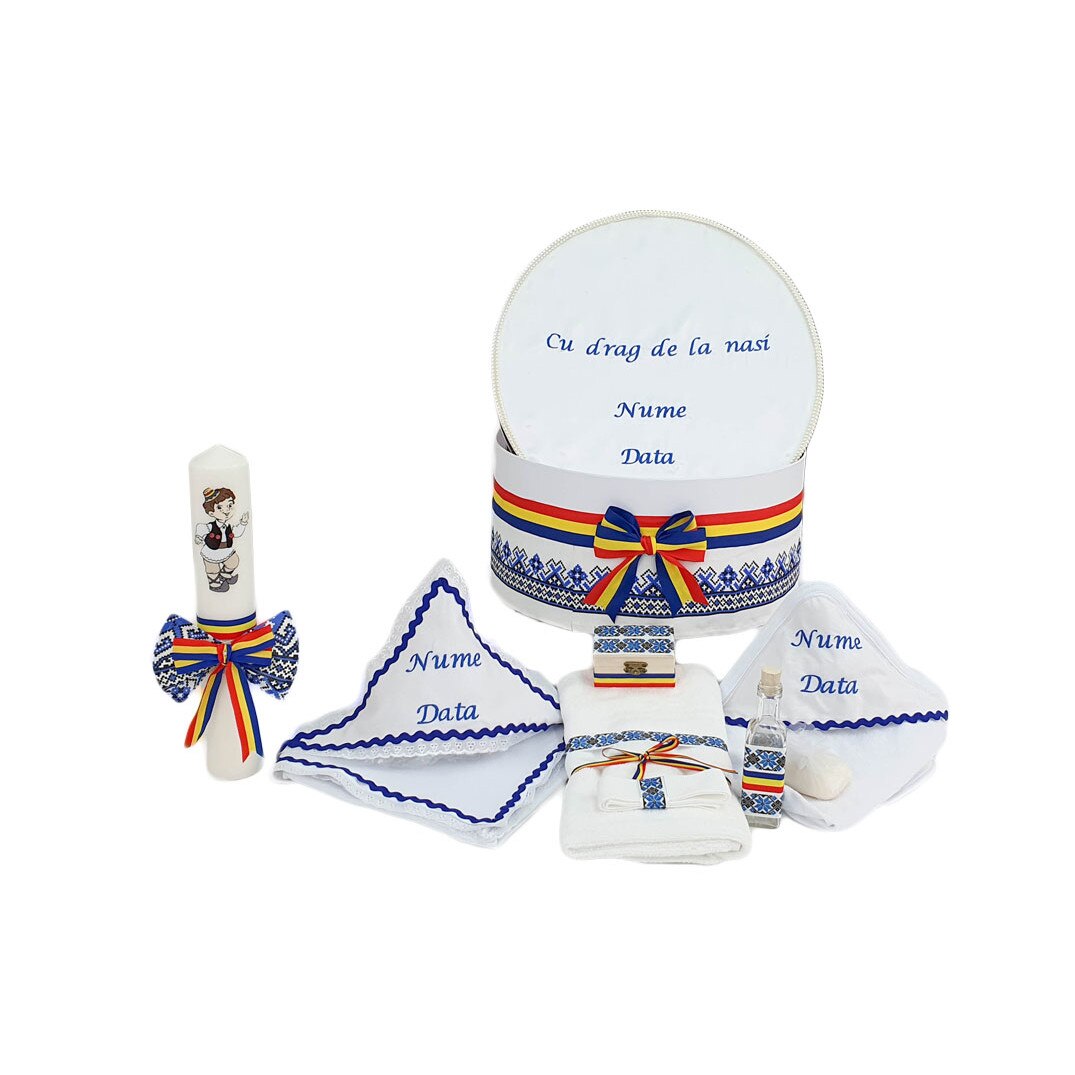 Set botez traditional personalizat, baiat, trei piese bleumarin