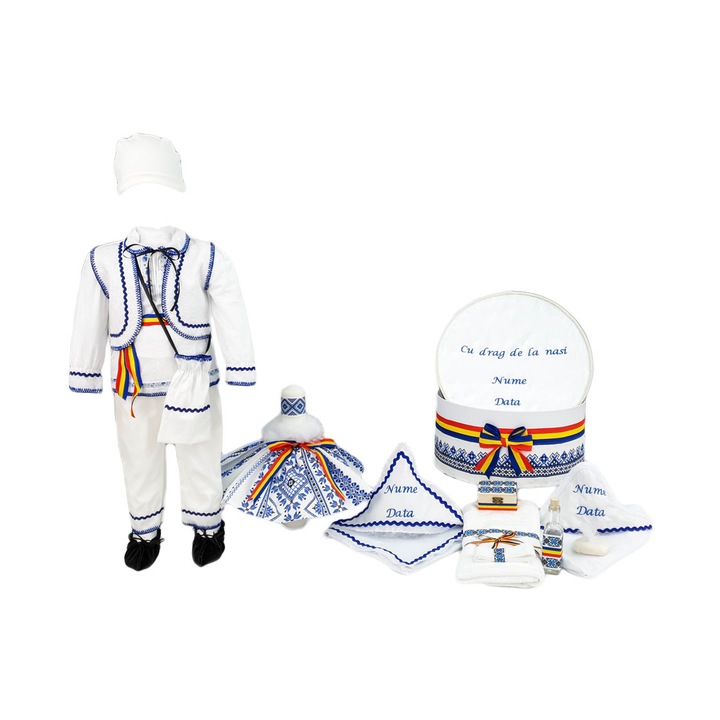 Set botez traditional personalizat, Gheorghe, trei piese bleumarin, varsta 3-6 luni