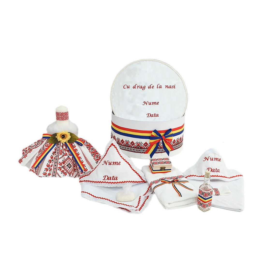 Set botez traditional personalizat, lumanare, trusou, cutie, culoare rosie