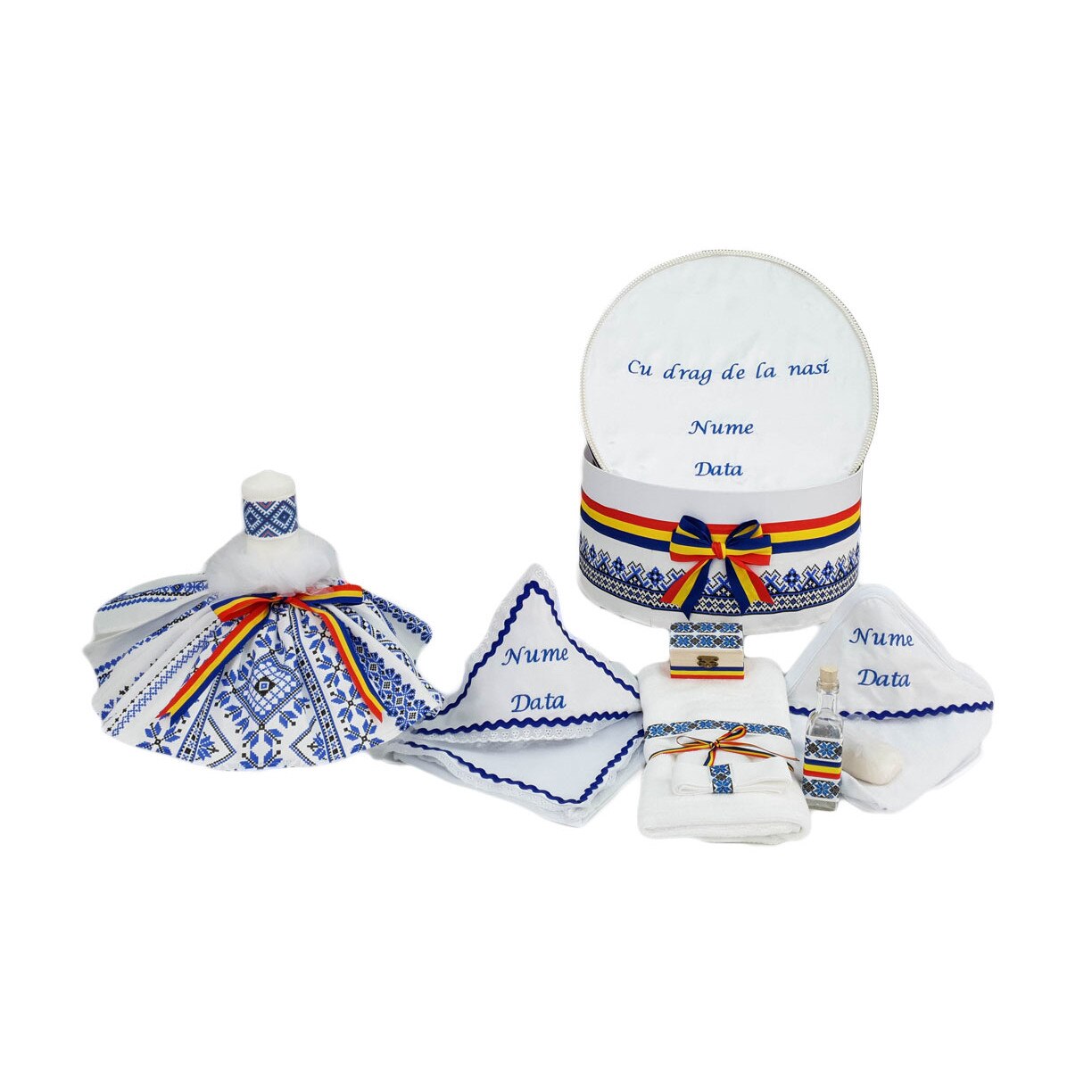 Set botez traditional personalizat, trei piese bleumarin