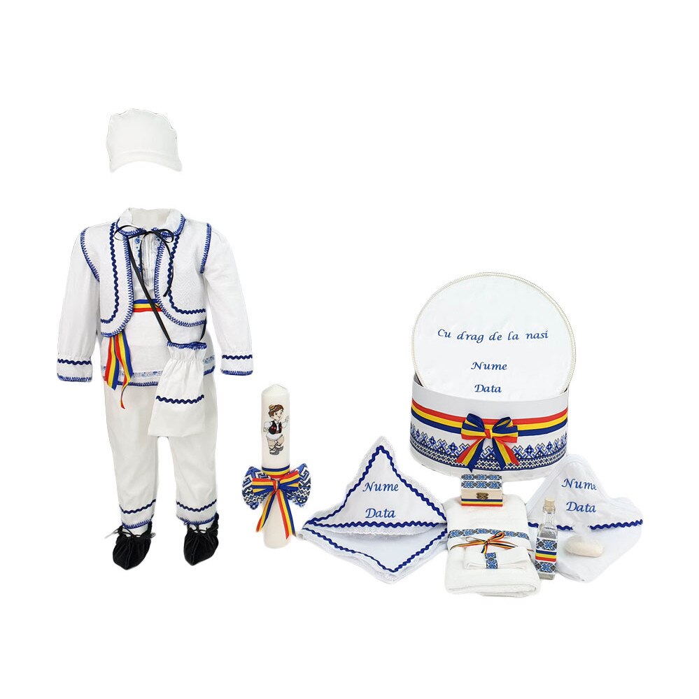 Set botez traditional trei piese bleumarin, personalizat, Gheorghe, varsta 6-9 luni