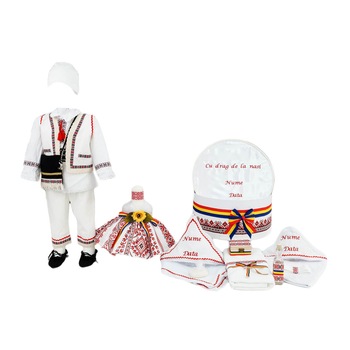 Set traditional personalizat botez Vasile, trei piese rosii, varsta 0-3 luni Set traditional personalizat botez Vasile, trei piese rosii, varsta 0-3 luni