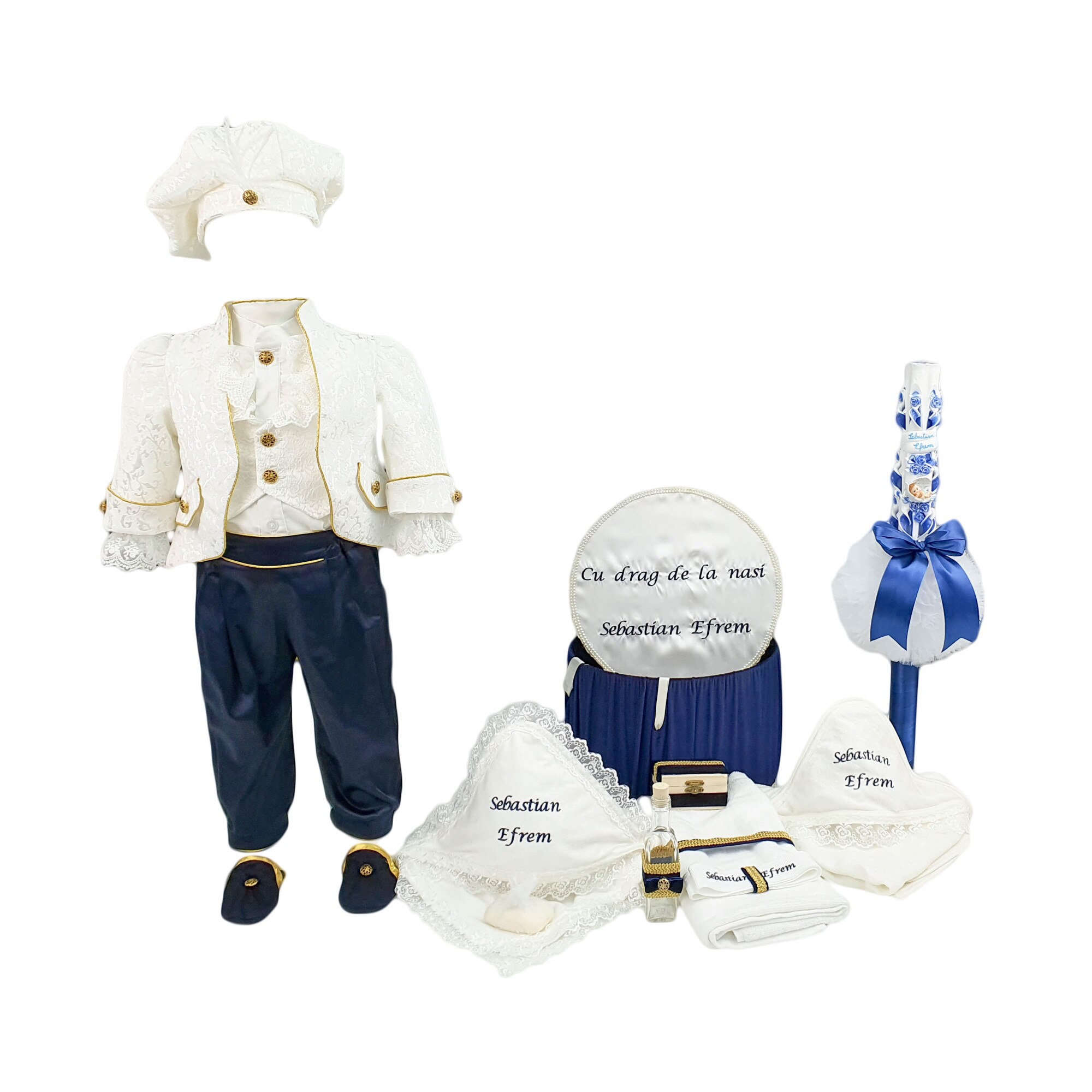 Set botez personalizat Micul Print, patru piese alb-bleumarin, varsta 0-3 luni