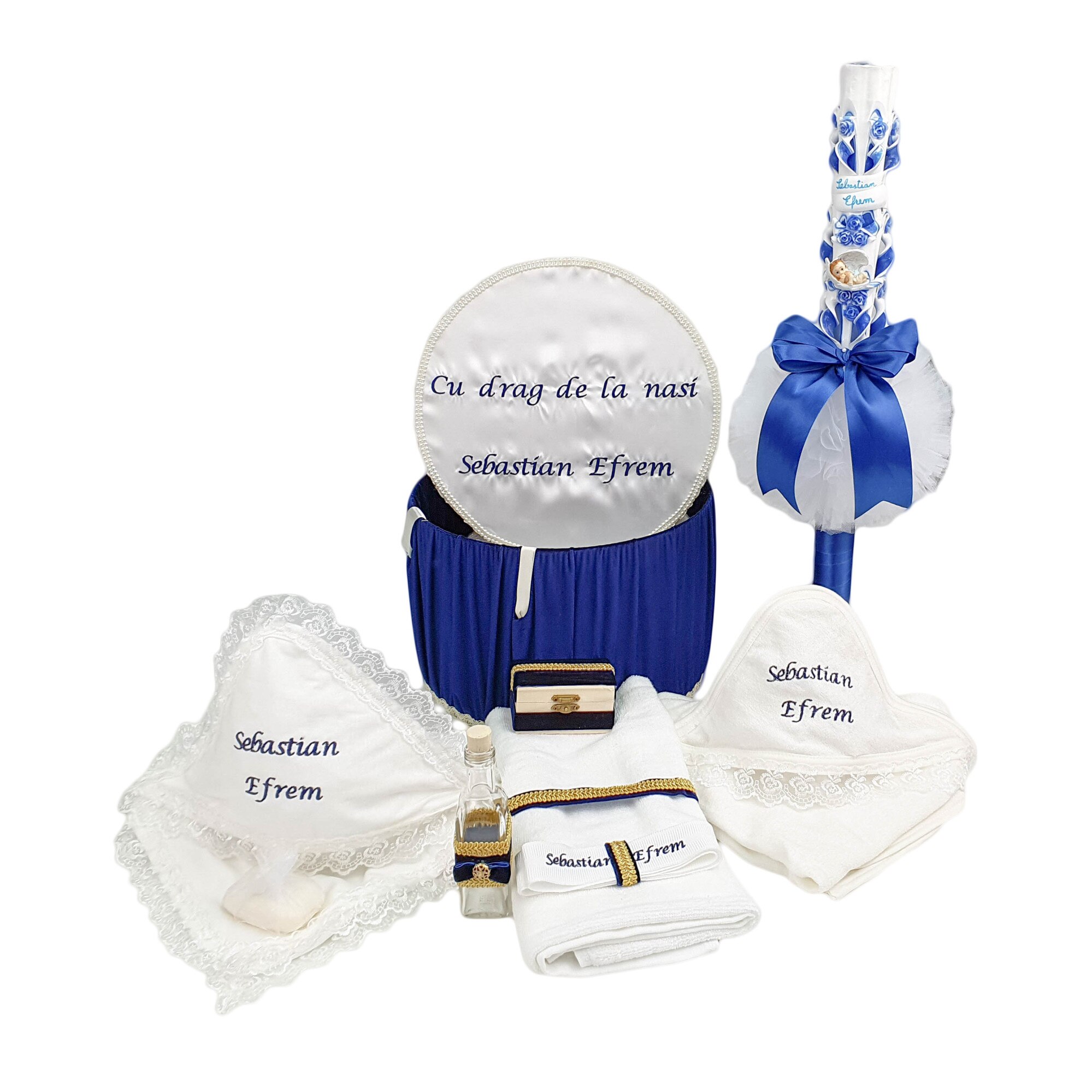 Set botez personalizat, trei piese alb-bleumarin