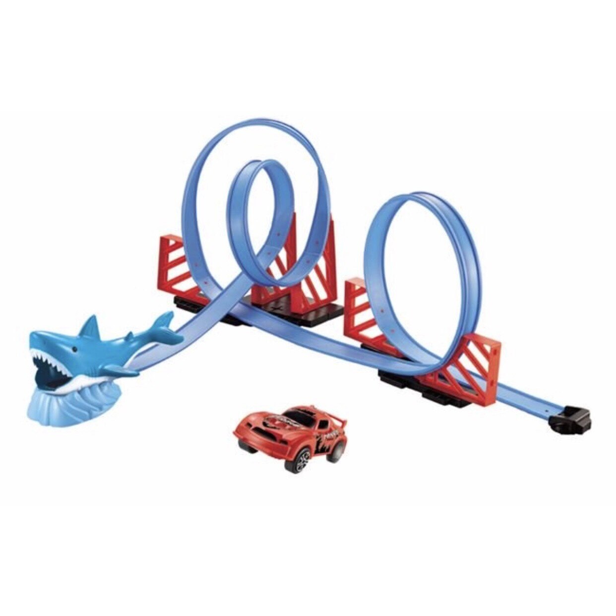 Set pista de rechin cu bucla dubla cu rotatie 360 ​​° si lansare gura rechinului + o masinuta , pentru baieti, ATS