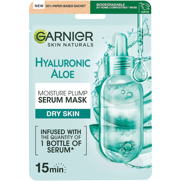 Маска за лице Garnier, С хиалуронова киселина и алое вера, За всички типове кожа, 28 гр