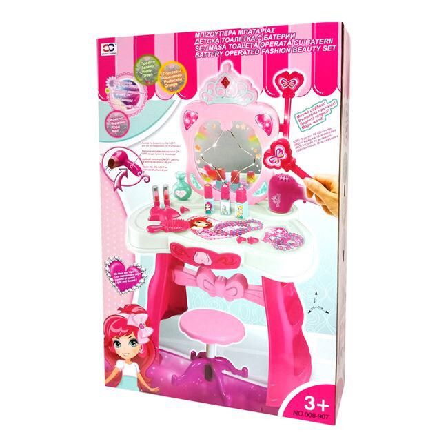 Masuta de make-up multifunctionala cu scaun , oglinda , 16 accesorii, lumini si bagheta magica , roz , pentru fete + 3 ani , ATS