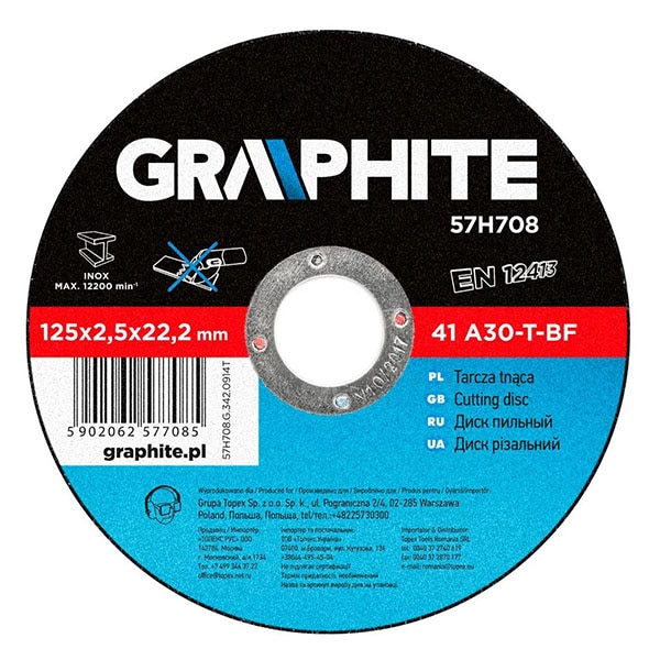 Disc de taiere pentru metal 125mmx2.5mmx22mm, tip 41 A30-T-BF, 57H708, Graphite
