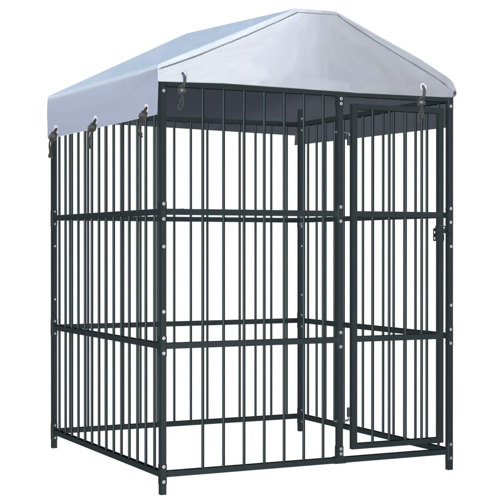 Tarc/Cusca de exterior cu acoperis pentru caini, vidaXL, Otel, 150 x 150 x 210 cm, Negru