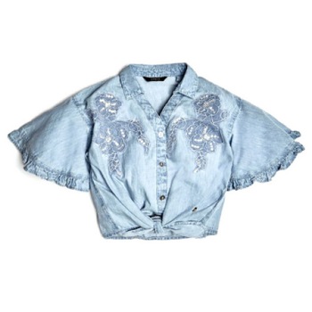 Guess, camasa de blugi cu paiete si maneca scurta evazata, albastra, 122 cm Guess, camasa de blugi cu paiete si maneca scurta evazata, albastra, 122 cm