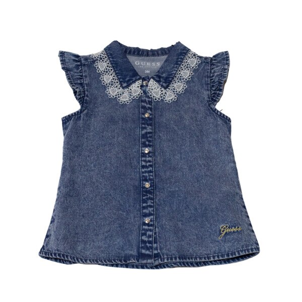 Camasa fete, Guess, albastru din denim cu dantela
