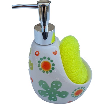 Dozator ceramic detergent lichid, cu burete, crem cu verde Dozator ceramic detergent lichid, cu burete, crem cu verde