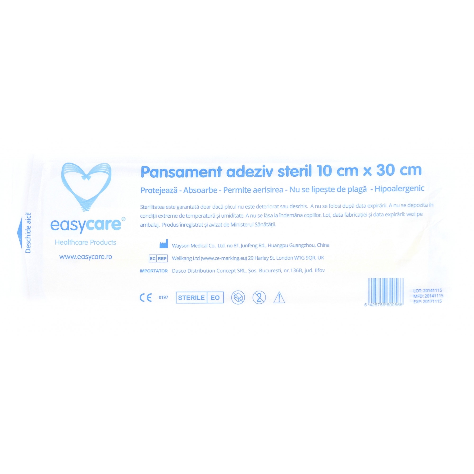 Pansament adeziv steril EASYCARE cu tampon absorbant 10cm x 30cm