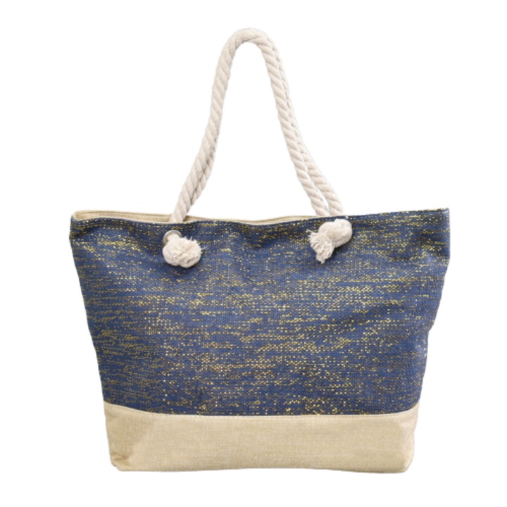 Дамска чанта 3270 , 48/34/15см , Текстил , Синя/Златиста