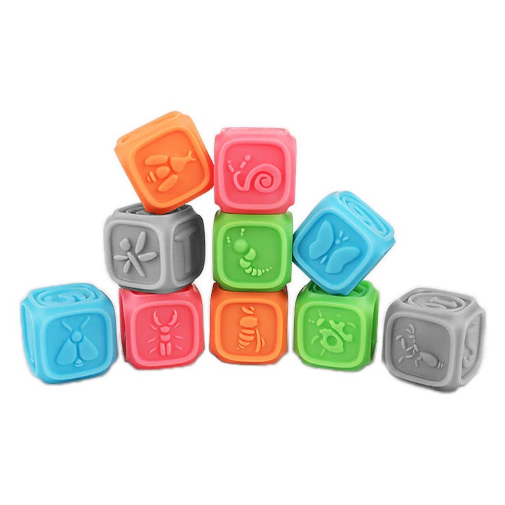 Set 10 cuburi educative din silicon, cu modele 3D, pentru dentitia copiilor, cu litere, cifre, animale, Tumama®, multicolor