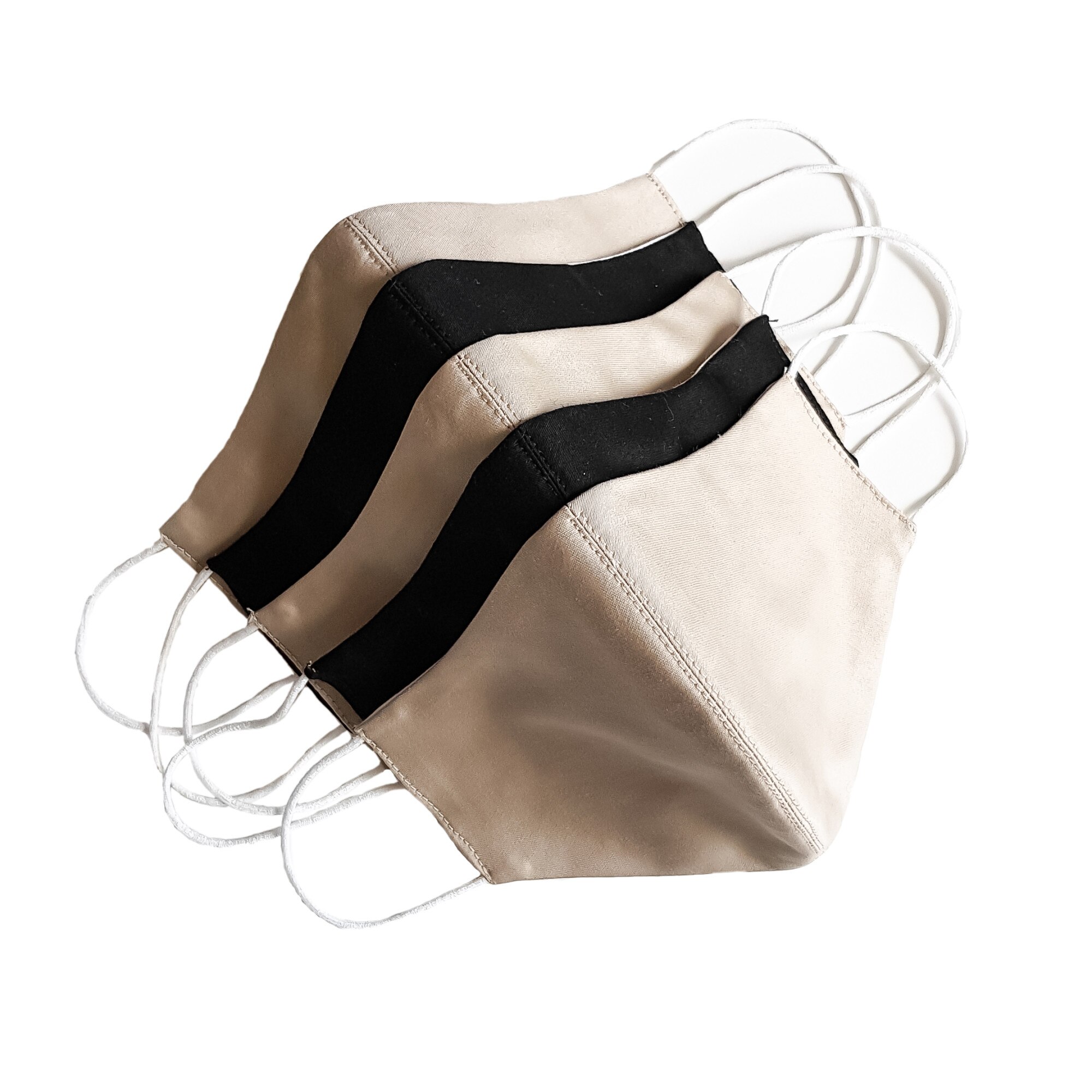 Set 5 masti protectie faciala reutilizabile, Emily G, din material textil, bumbac, cu 2 fete, 3 bej/alb, 2 negre/alb