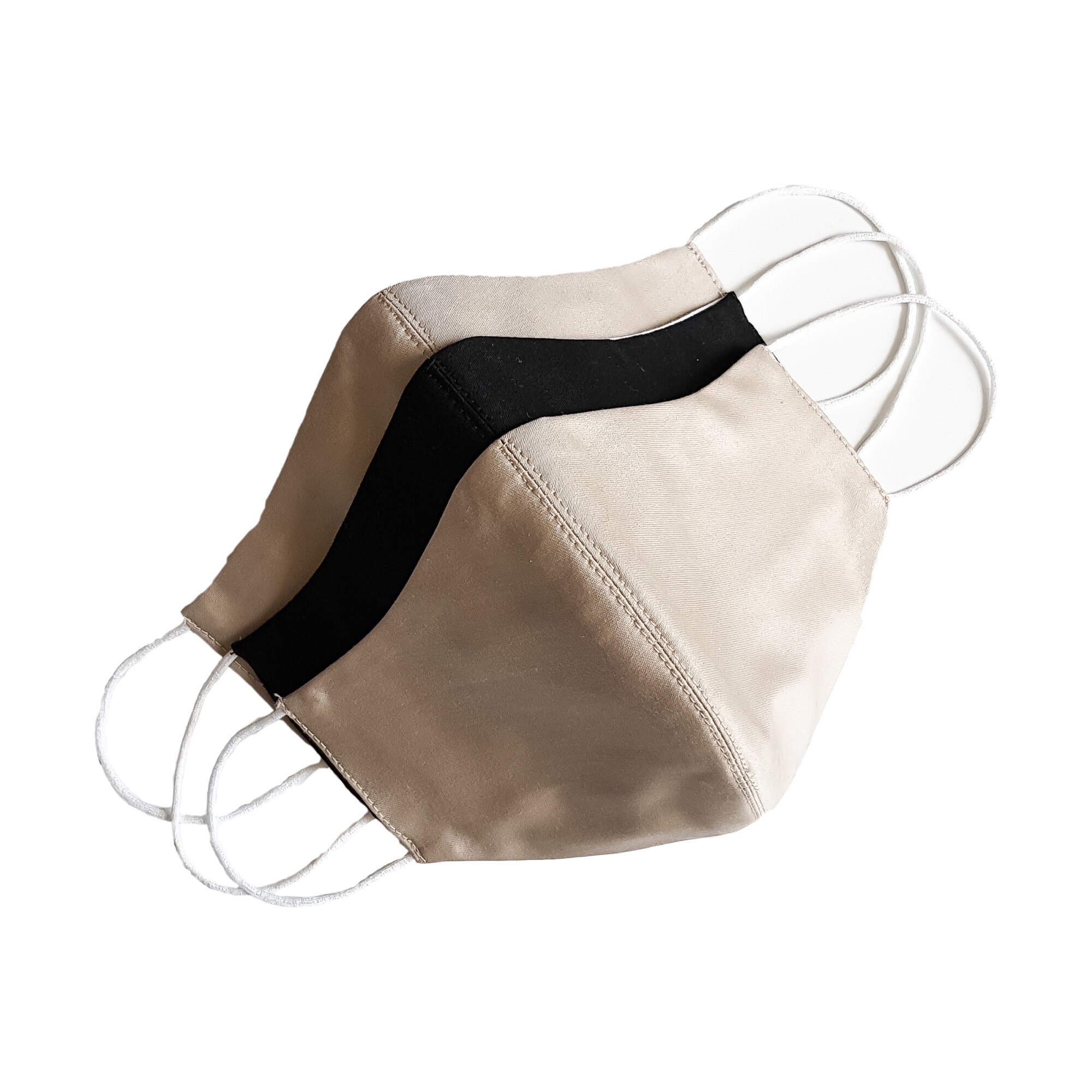 Set 3 masti protectie faciala reutilizabile, Emily G, cu 2 fete, din bumbac, 2 bej/alb, 1 neagra/alb