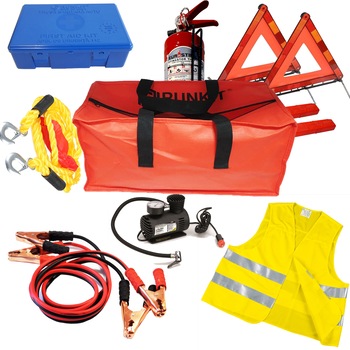 Kit siguranta auto si accesorii 8 produse - geanta depozitare, trusa medicala, 2 buc triunghiuri reflectorizante, stingator, vesta reflectorizanta, cabluri pornire, sufa tractare, compresor aer Kit siguranta auto si accesorii 8 produse - geanta depozitare, trusa medicala, 2 buc triunghiuri reflectorizante, stingator, vesta reflectorizanta, cabluri pornire, sufa tractare, compresor aer