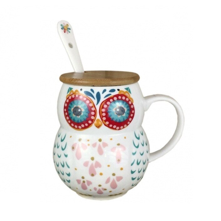 Cana ceramica cu capac de lemn si lingurita in forma bufnita 250 ml