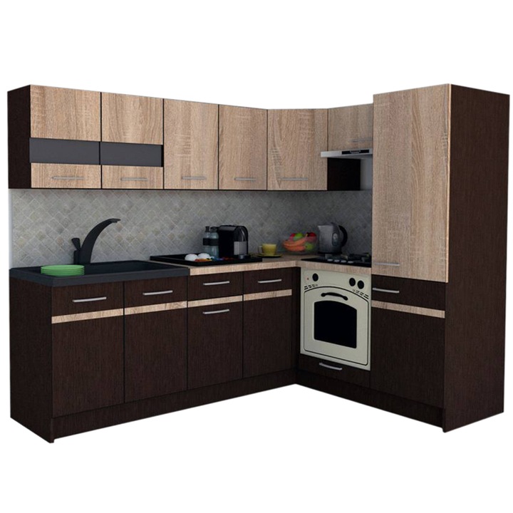 Set Bucatarie de Colt GENA NEW 5 DR. 170-220, Genarom, Cu Corp de Cuptor, Wenge / Stejar Sonoma