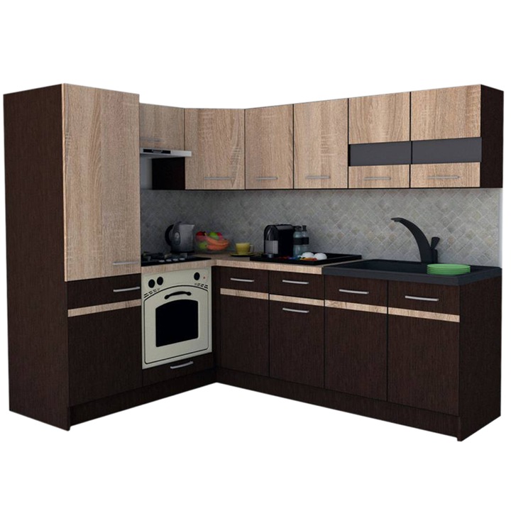 Set Bucatarie de Colt GENA NEW 5 ST. 170-220, Genarom, Cu Corp de Cuptor, Wenge / Stejar Sonoma