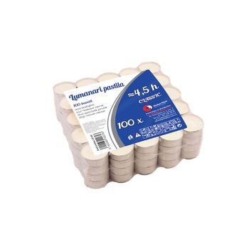 Set 100 Lumanari Tip Pastila, Timp de Ardere 4.5 h, 3.75x1.35 cm, Culoare Alba Set 100 Lumanari Tip Pastila, Timp de Ardere 4.5 h, 3.75x1.35 cm, Culoare Alba