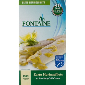 File de hering fraged in sos bio cu mustar si marar, Fontaine 200g File de hering fraged in sos bio cu mustar si marar, Fontaine 200g