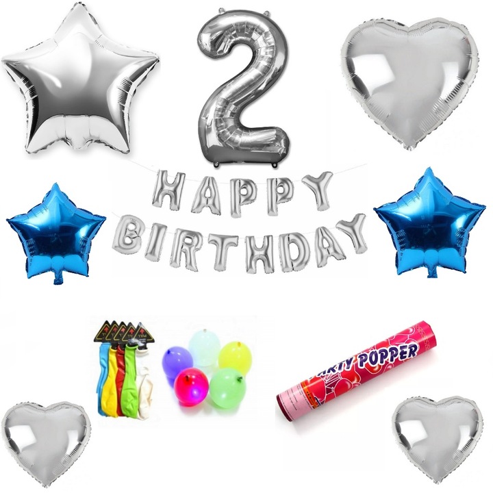 Комплект балони за рожден ден Честит рожден ден 2 години, сребърен, време е за парти
