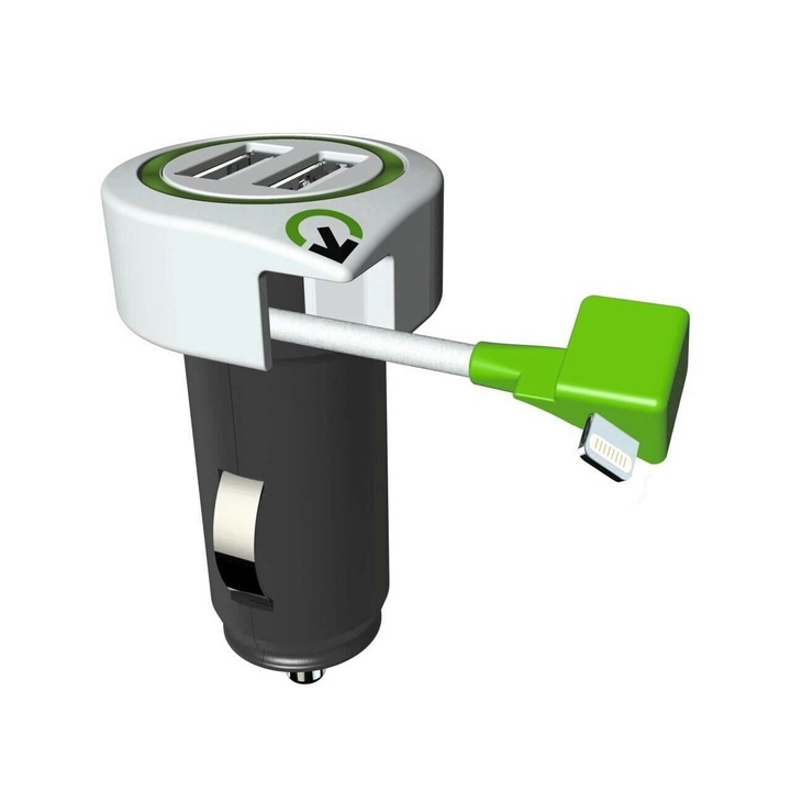 Incarcator auto Q2Power, 3.1A, 2xUSB, 1xLightning, compatibil iPhone, iPad, iPod