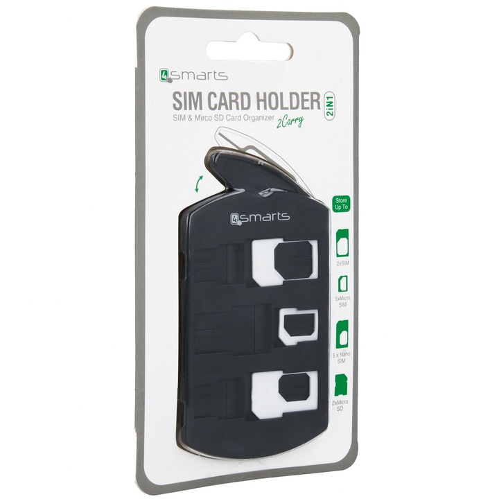 Комплект Nano/Micro Sim адаптерии органайзер 4smarts 2in1 SIM Card Holder + Nano/Micro Sim Adapter Set за тях, Черен