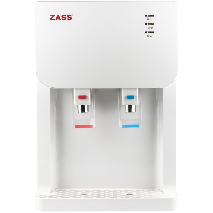 Dozator apa de birou Zass ZTWD 03 WF, Conexiune la retea, Sistem de filtrare apa, Racire cu compresor, Indicator LED apa calda/rece, Alb
