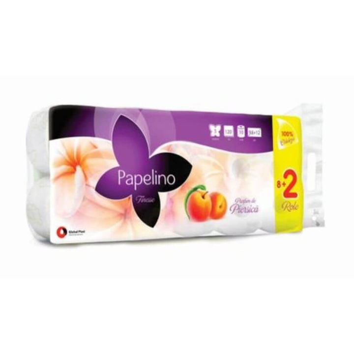 Hartie Igienica Parfumata Papelino Soft, 2 Straturi, 10 Role/Bax, Latime 12 cm, 110 Foi/Rola, Parfum Piersica