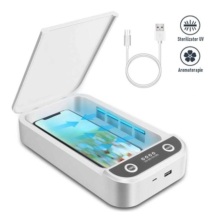Sterilizator UV de birou pentru telefon mobil eOptima™, 254 nanometri, alimentare USB, 6.5 inchi, functie aromaterapie, alb