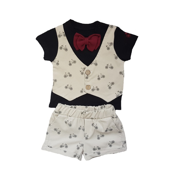 Compleu 2 piese de vara baieti, bumbac, Hippil, imprimeu biciclete, Crem/Negru