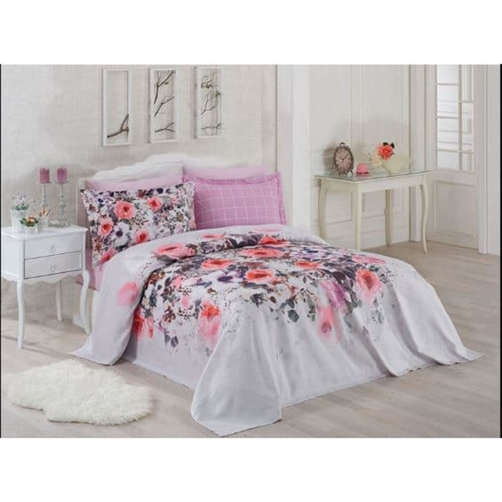 Lenjerie de pat cu pled Paloma cu flori, 100% Bumbac