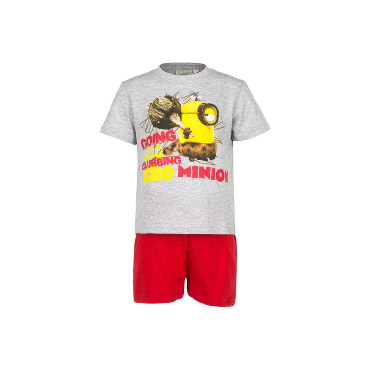 Set pijama baieti, Minions, tricou + pantaloni scurti, gri&rosu