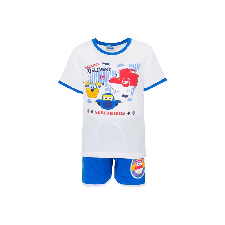 Set pijama baieti, Super Wings, tricou+pantaloni scurti, Package Delivery, Alb/Albastru