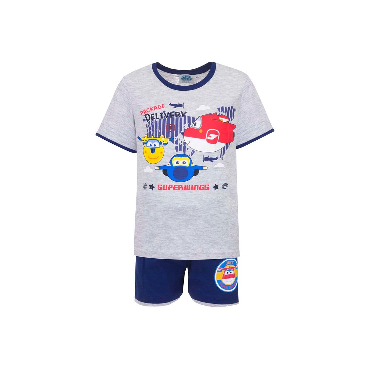 Set pijama baieti, Super Wings, tricou+pantaloni scurti, Package Delivery, gri&bleumarin
