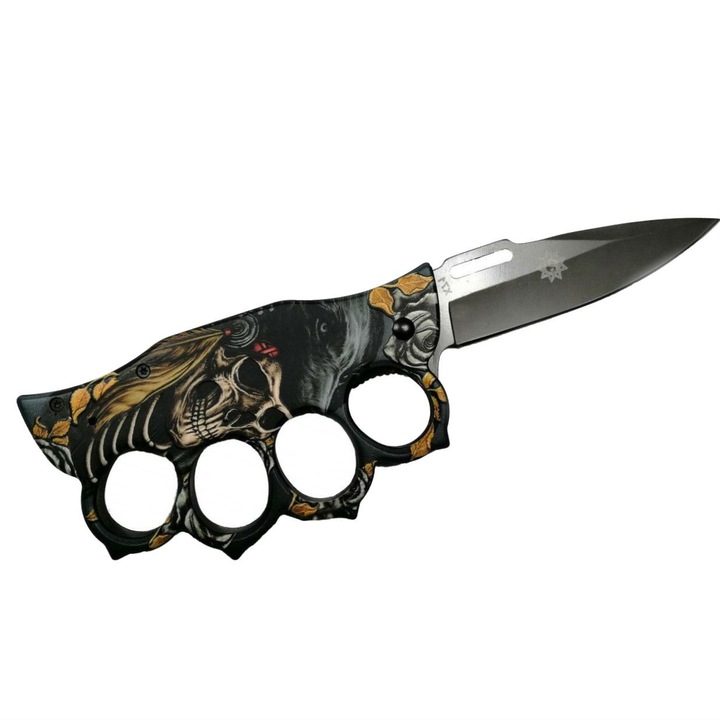 Cutit Briceag tip Pumnal, 20 cm, Skull print, cu prindere curea