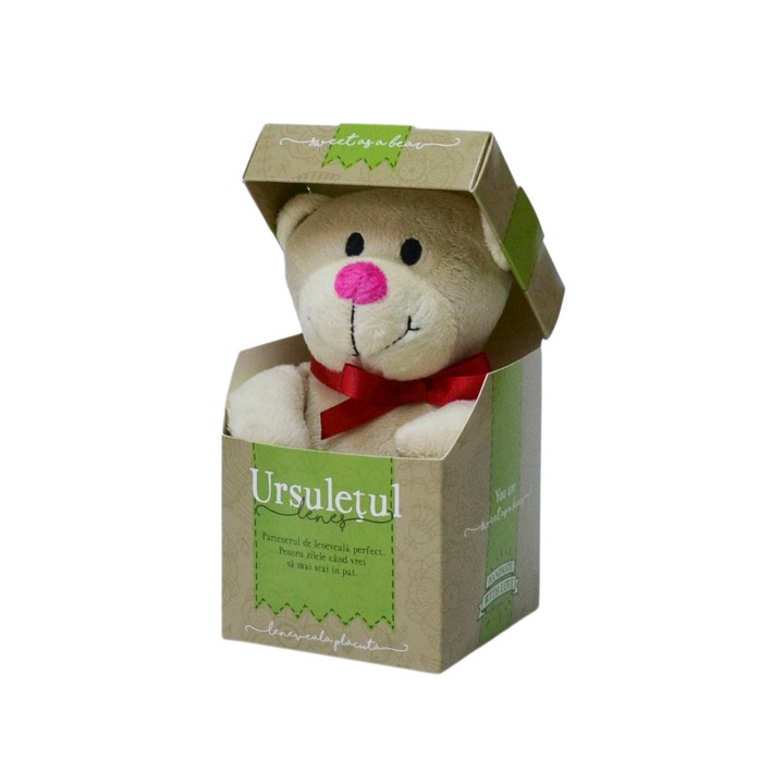 Urs Plus in cutie cu mesaj personalizat "Ursuletul Lenes", 12.5 x 9 cm