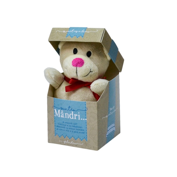 Urs Plus in cutie cu mesaj personalizat "Suntem Mandri", 12.5 x 9 cm