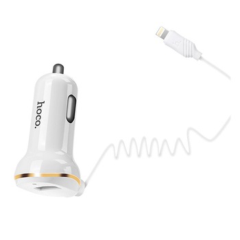 Incarcator auto HOCO Z14, 5V / 3400mA, suport pentru incarcare rapida, afisaj LED, cablu Lightning incorporat cu 8 pini, alb