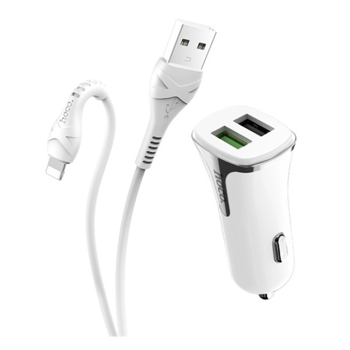 HOCO Z31 autós töltő 2 x USB aljzat (5V / 3400mA, 18W, QC3.0, gyorstöltés támogatás + lightning 8 pin kábel), Fehér