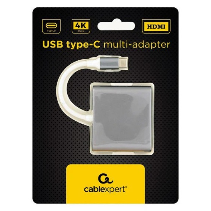 Adaptor 3 in 1, Cablexpert 11205, USB 3.1 tip C tata la port HDMI mama, USB 3.0 mama si port USB tip C PD 2.0 pentru incarcare 1 x USB 3.0