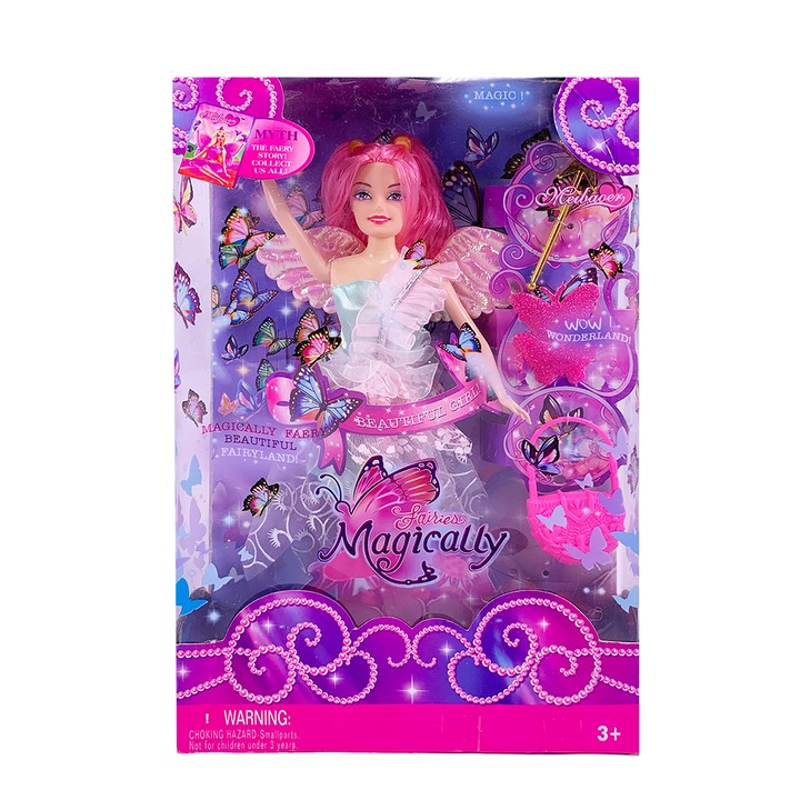 Papusa Chippo 2025414 1-132 Magic, Papusa cu aripi, Cu 4 accesorii, Roz, 32 cm