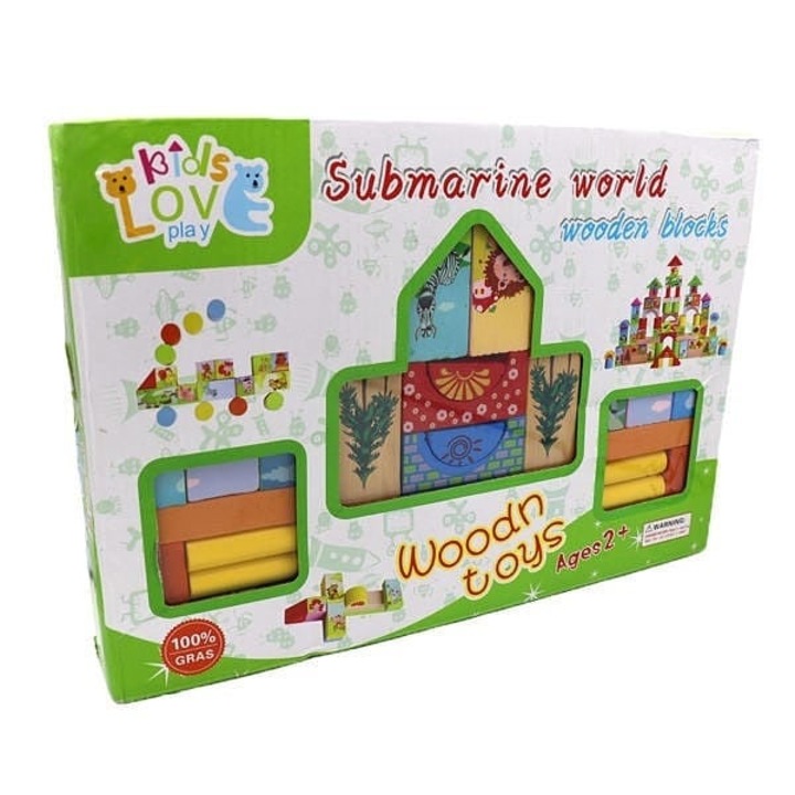 Joc educativ, FamousKids, Set 55 cuburi din lemn, pictate manual, Lumea animalelor