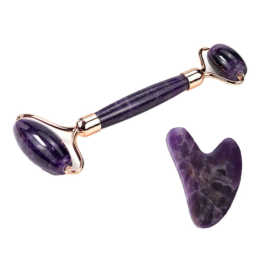 Rola Amethyst Quartz By Erfello cu Gua Sha ,pentru masaj facial si corporal ,Tratamen facial, Lifting , tip Jade Roller