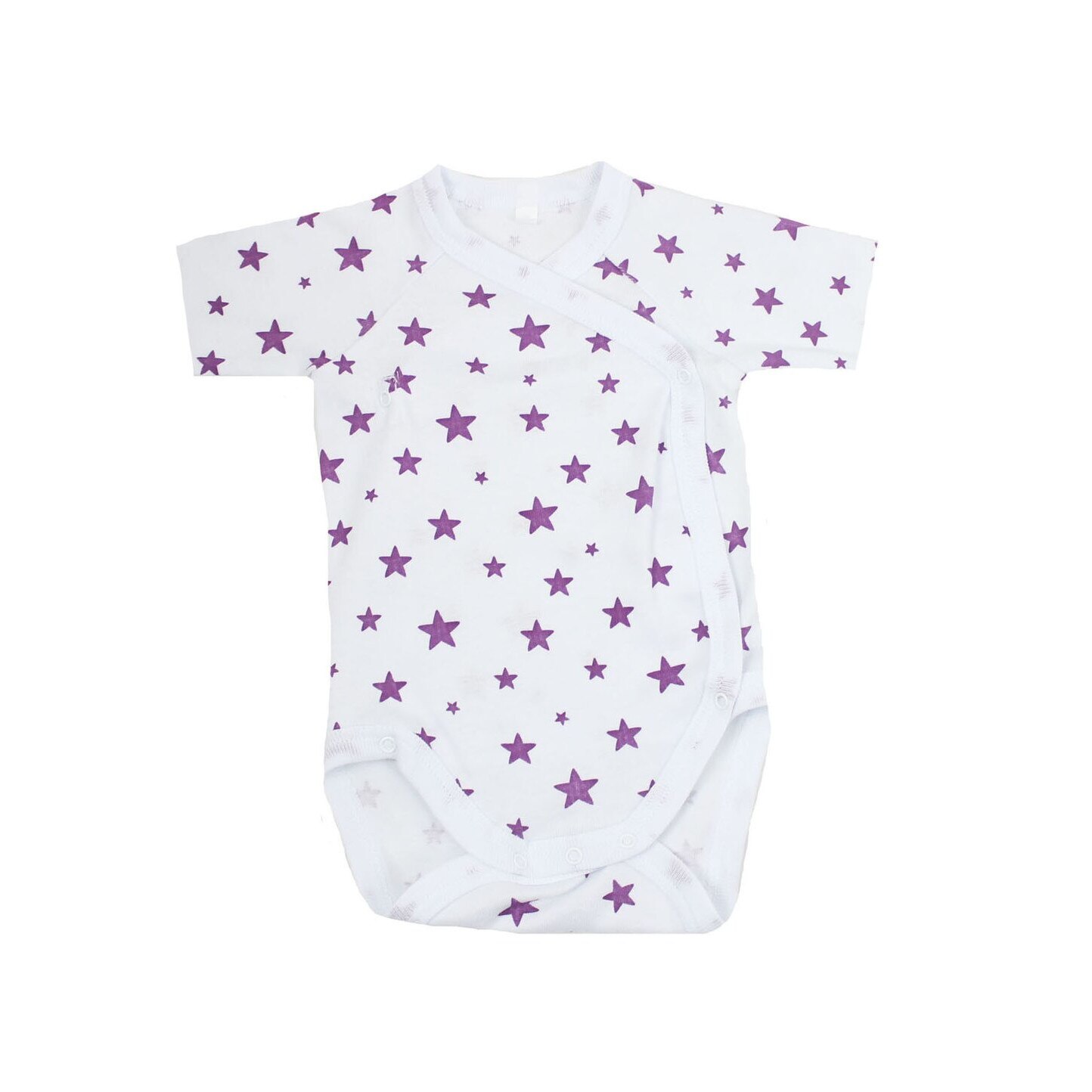 Body maneca scurta, alb cu stelute mov